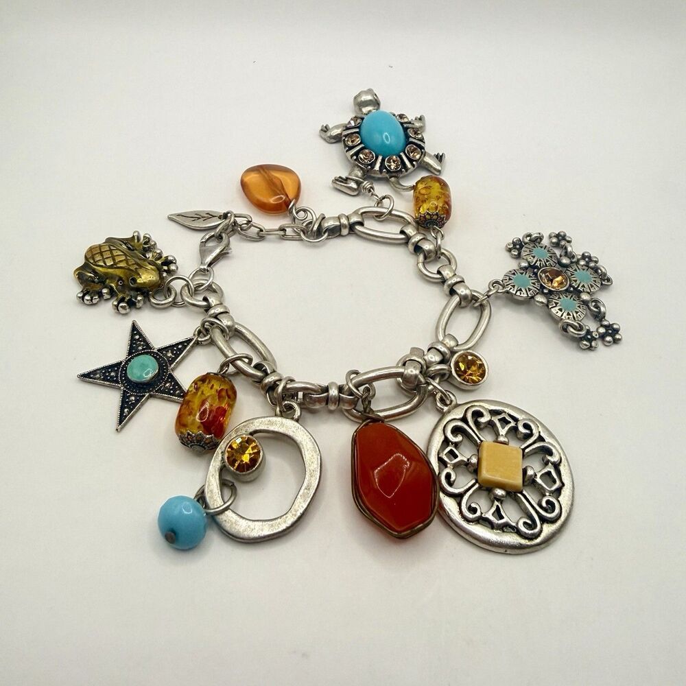 Vintage 925 Sterling Silver Mixed Charm Bracelet Turquoise Amber Frog Turtle 70g - Picture 2 of 14